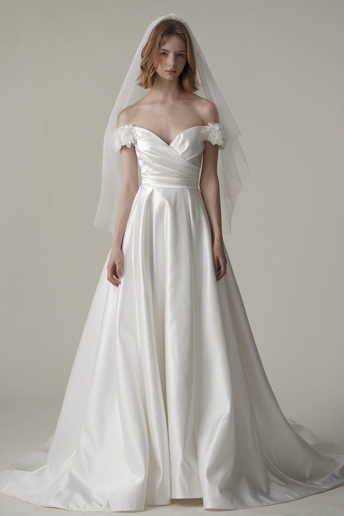 A-Line Sweep-Brush Train Satin Wedding Dress CW3093 - COCOMELODY